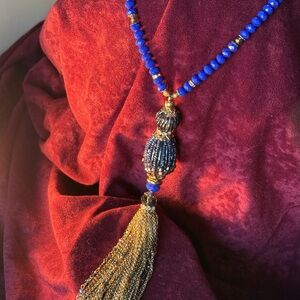 Beautiful Long Sparkly Blue and Gold Tassel Necklace